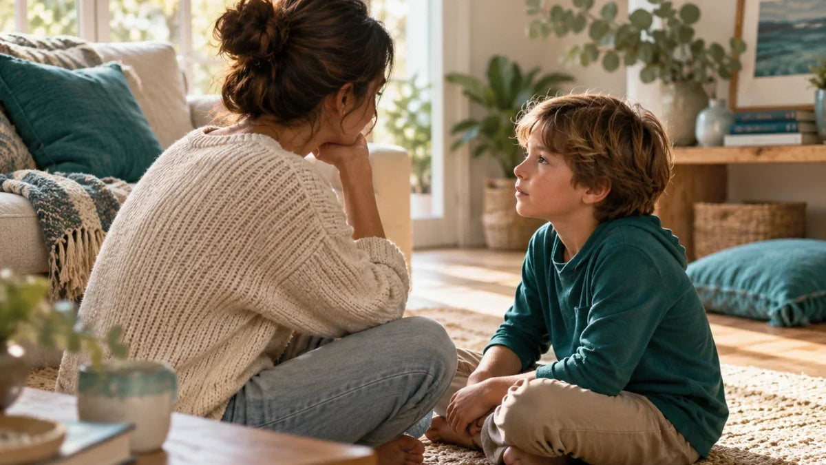 Parent and child sitting face-to-face on a living-room rug, sharing a quiet conversation at the child’s eye level.