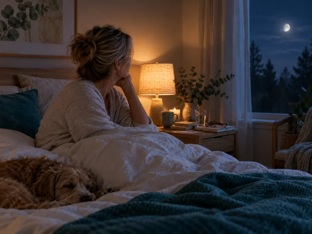 Woman lying awake at night, facing the bedroom window.