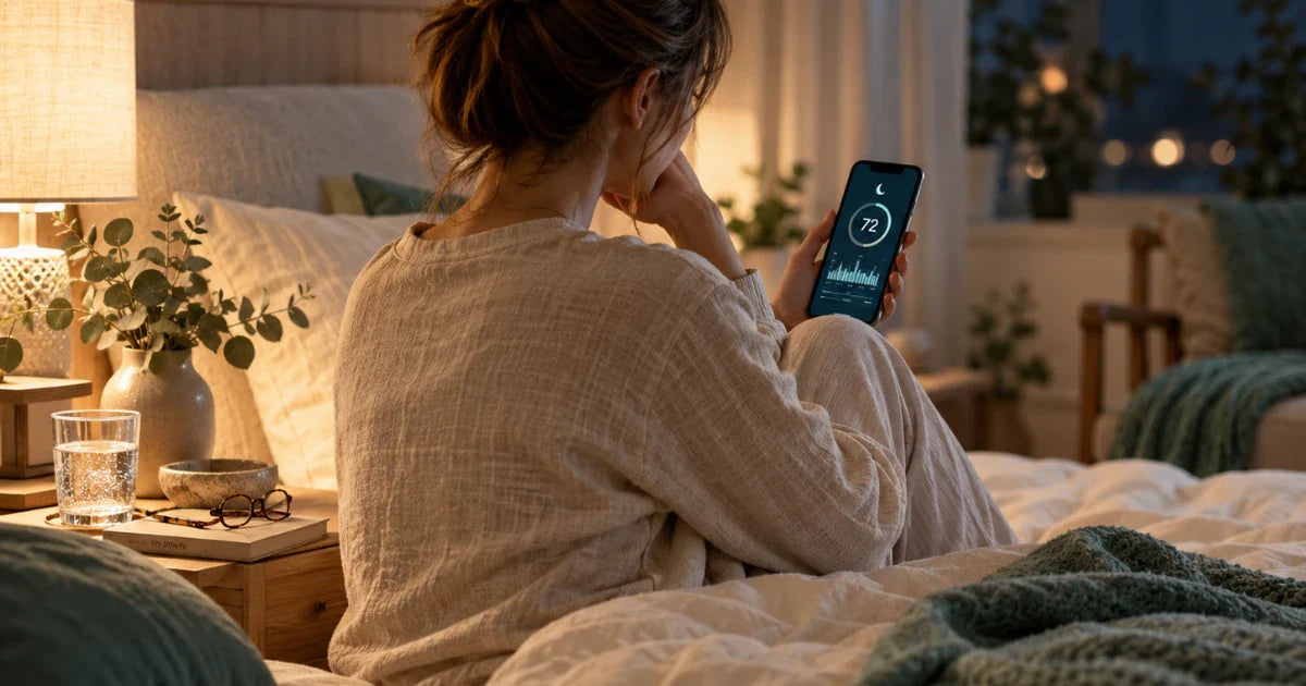 Woman sitting on her bed at night, checking a sleep score on her phone in a softly lit bedroom with teal accents.