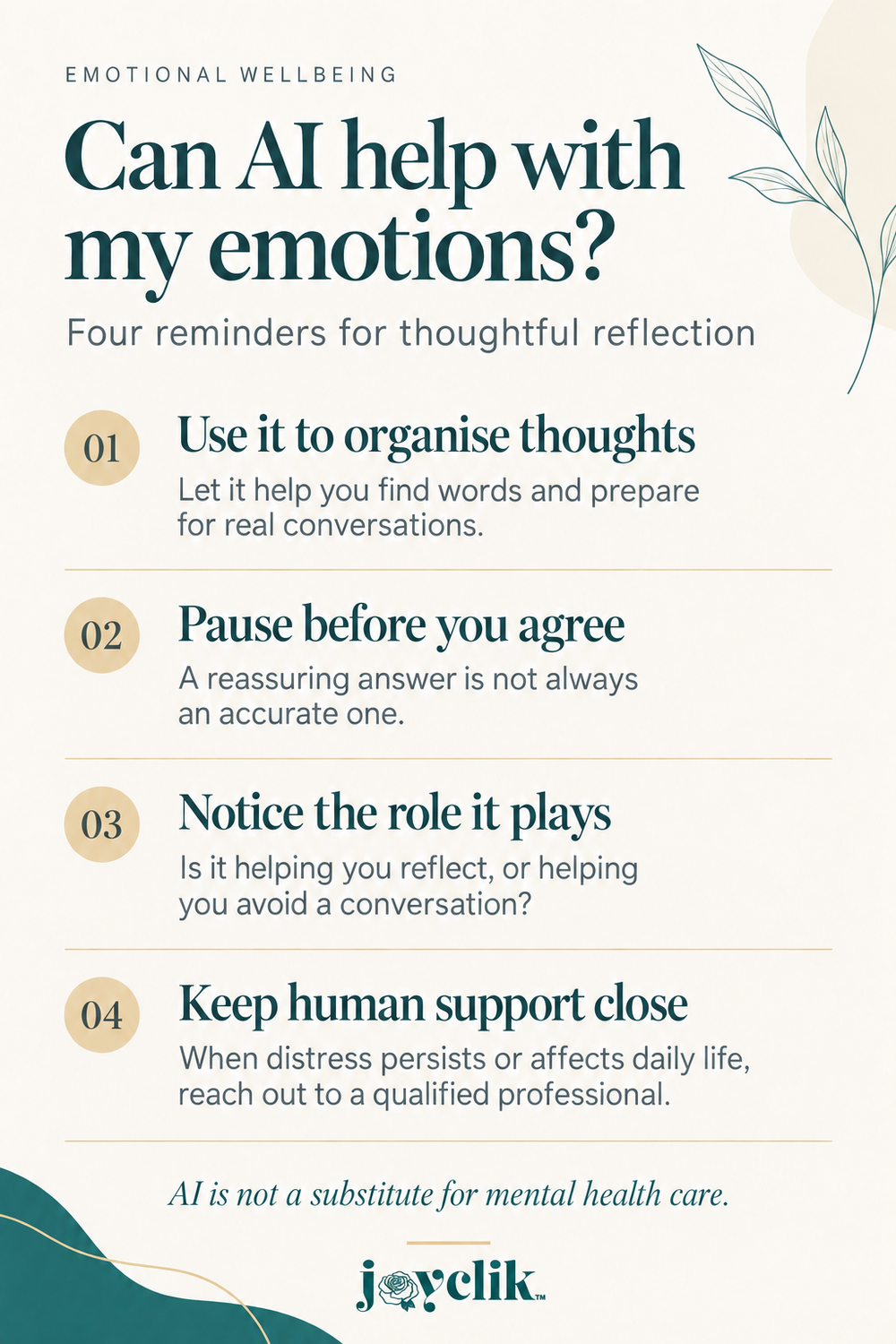 Four reminders for thoughtful reflection: organise thoughts, pause before agreeing, notice the role AI plays, and keep human support close.