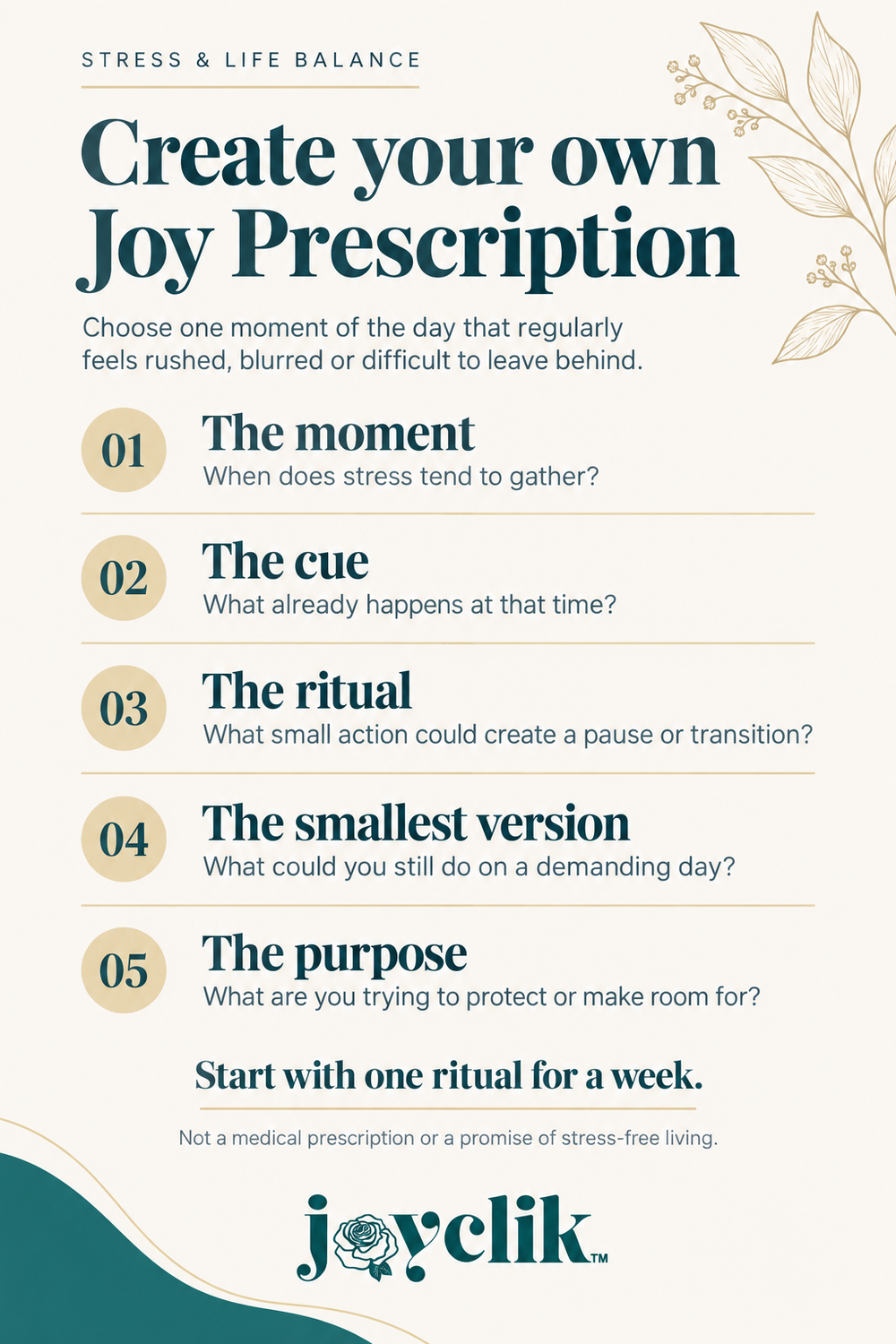 Create your own Joy Prescription: identify the moment, cue, ritual, smallest version and purpose. Start with one ritual for a week.