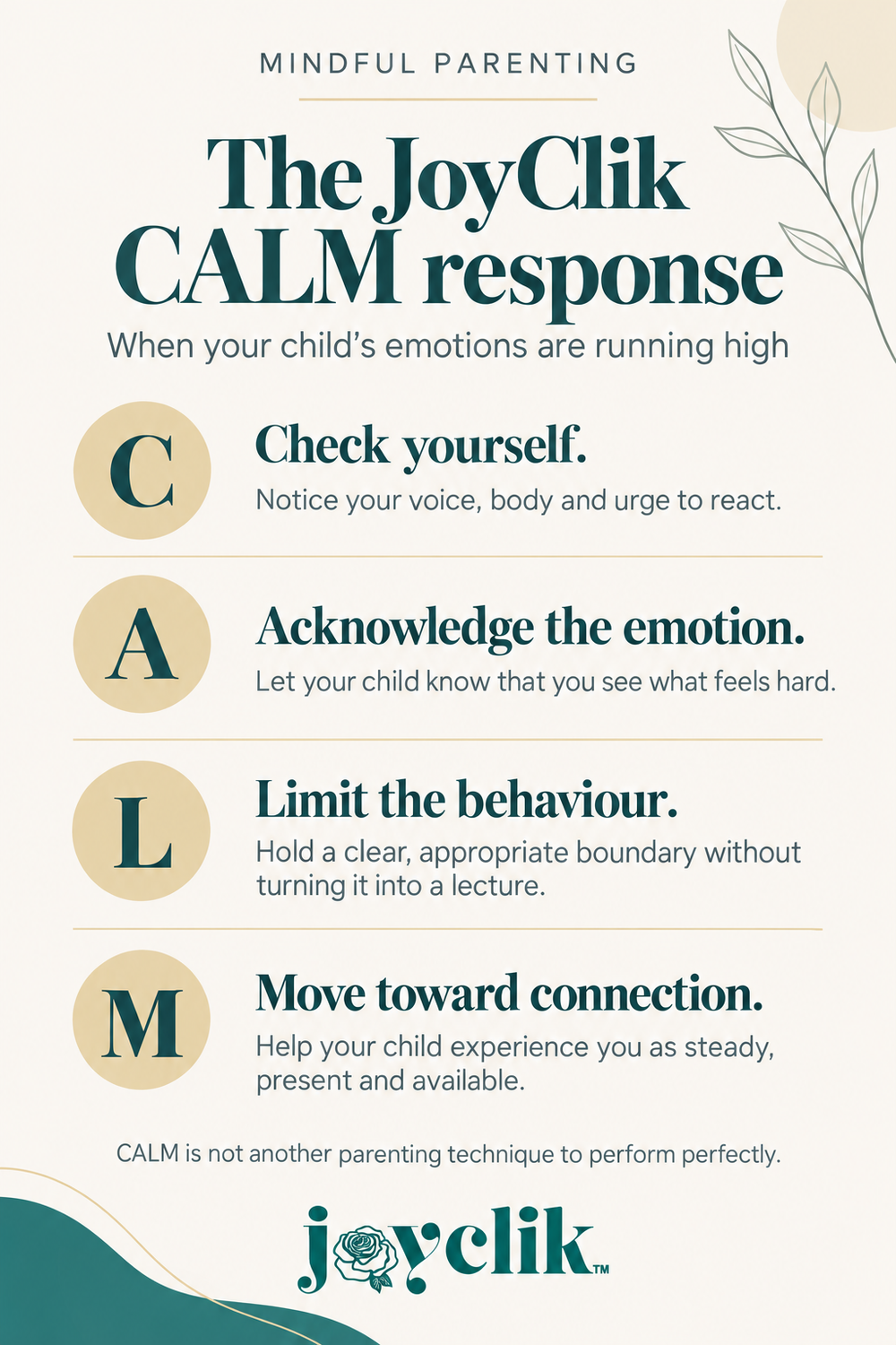 The JoyClik CALM response: check yourself, acknowledge the emotion, limit the behaviour and move toward connection.