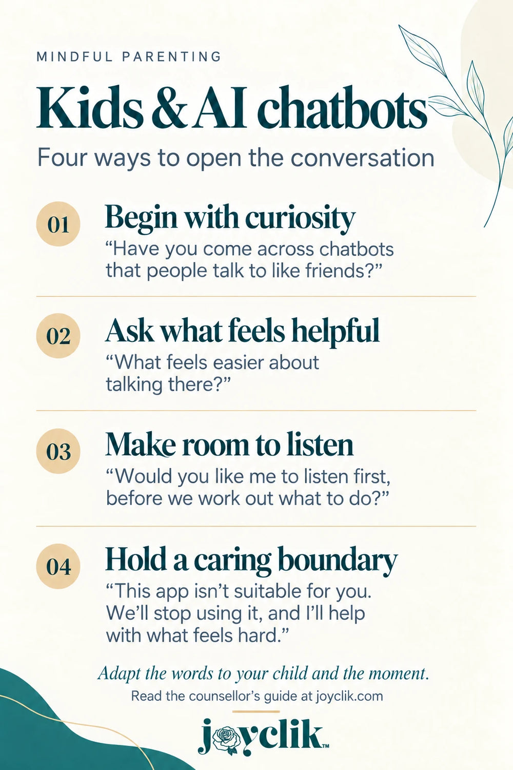 Raising Kids Alongside AI: A Counsellor’s Guide to Chatbots and Emotional Attachment — Practical takeaways from JoyClik™.