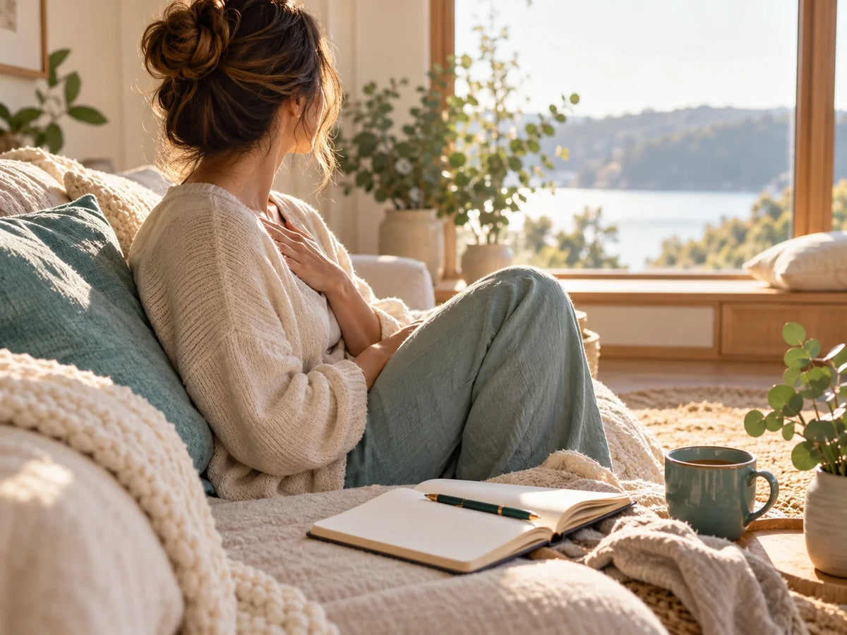 Woman resting a hand on her chest beside a sunlit window, with an open journal and teal mug nearby.