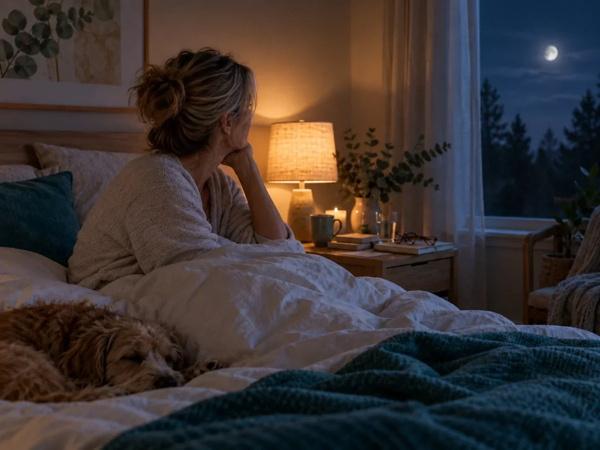 Woman lying awake at night, facing the bedroom window.