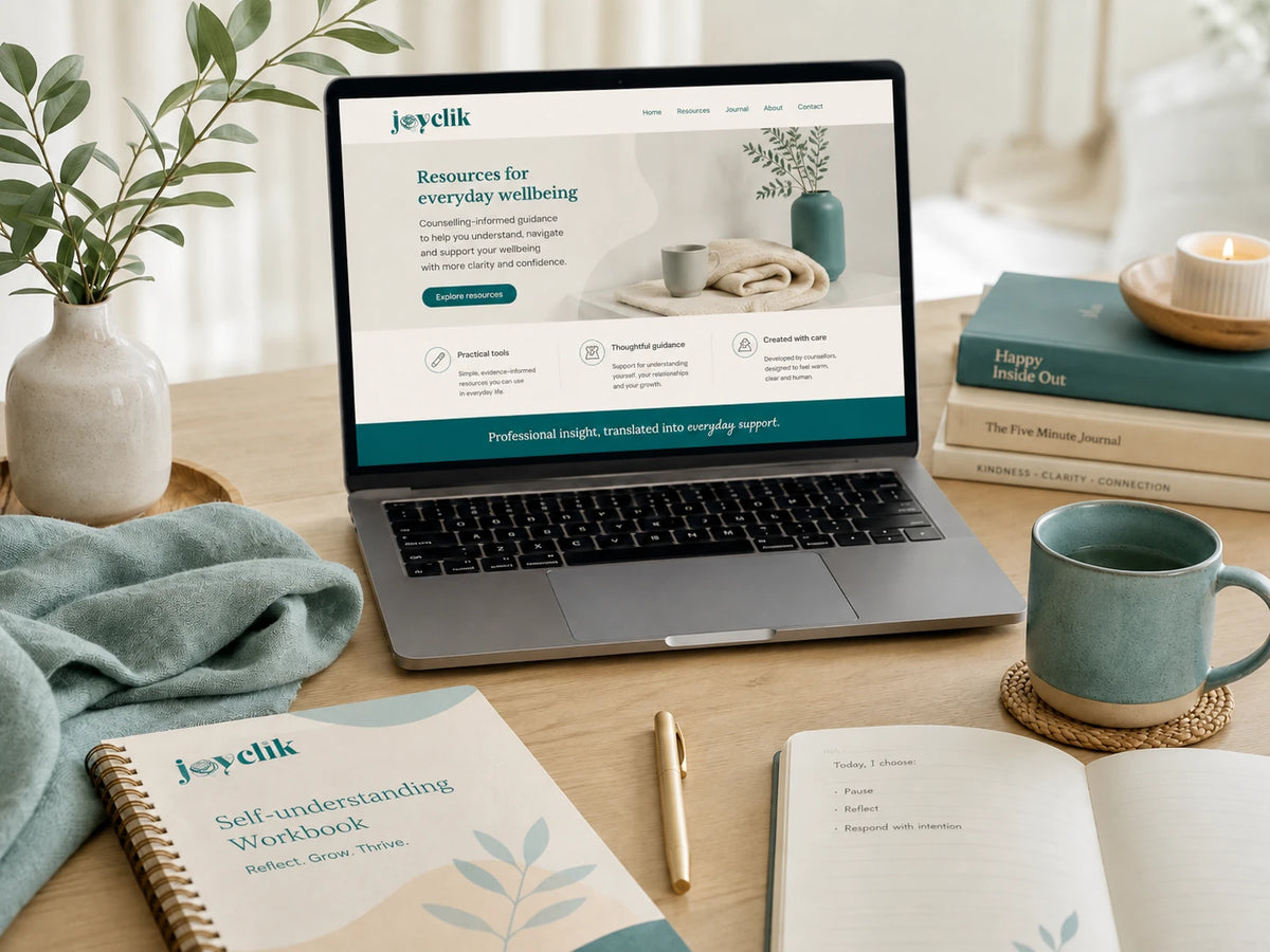 JoyClik counselling-informed digital wellbeing resource workspace