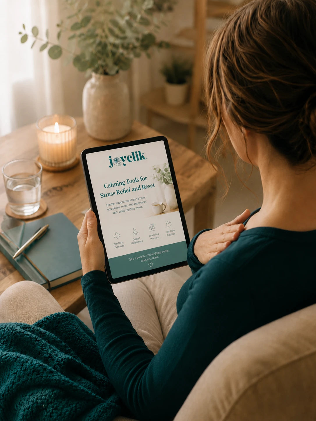Calm JoyClik stress relief and reset workspace with journal, soft light, and warm cup