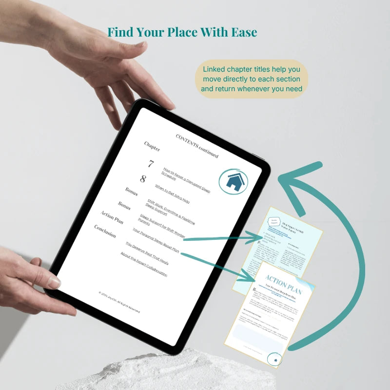 Person holding a tablet with the digital restorative sleep guide displayed, showing linked chapter titles.