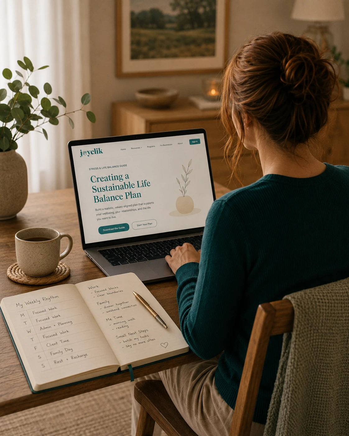 Calm JoyClik sustainable life balance planning workspace with journal, soft light, and warm cup
