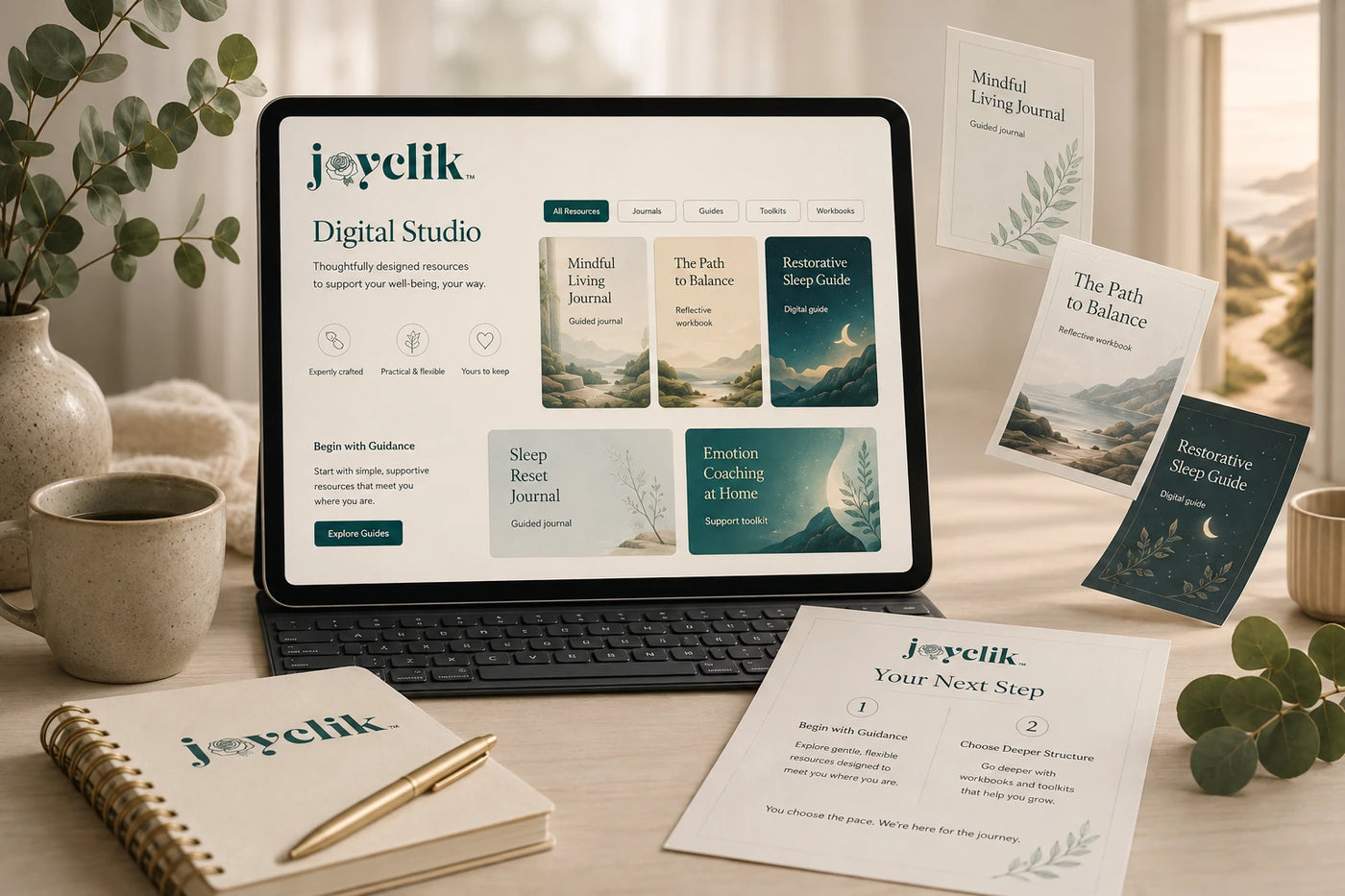 Calm JoyClik Digital Studio workspace with digital wellness resources