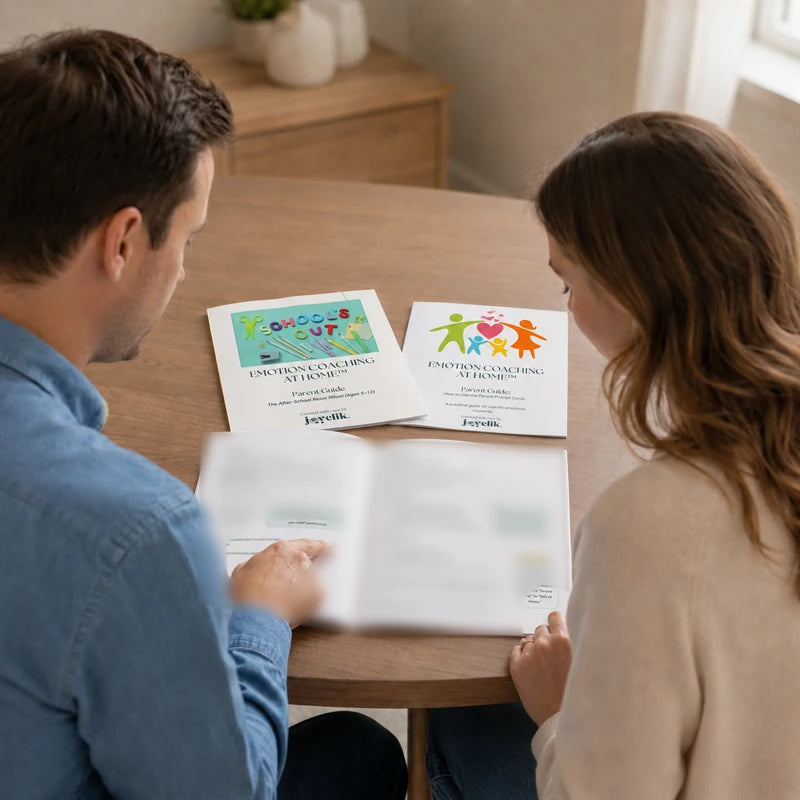 Two parents reading an open emotion coaching guide together, with companion parent guides on the table.