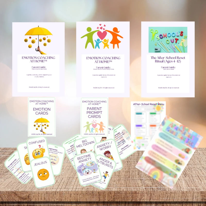 Three Emotion Coaching at Home™ parent guides displayed above emotion cards, parent prompt cards and after-school reset resources.