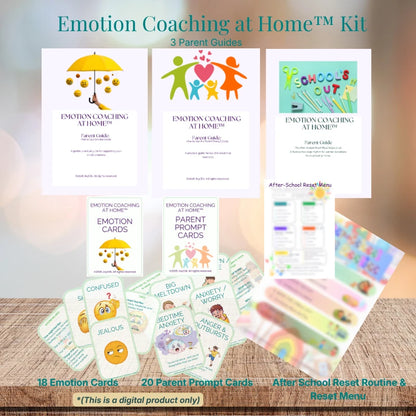 Emotion Coaching at Home™ toolkit overview showing 18 emotion cards, 20 parent prompt cards, three guides and after-school reset resources.