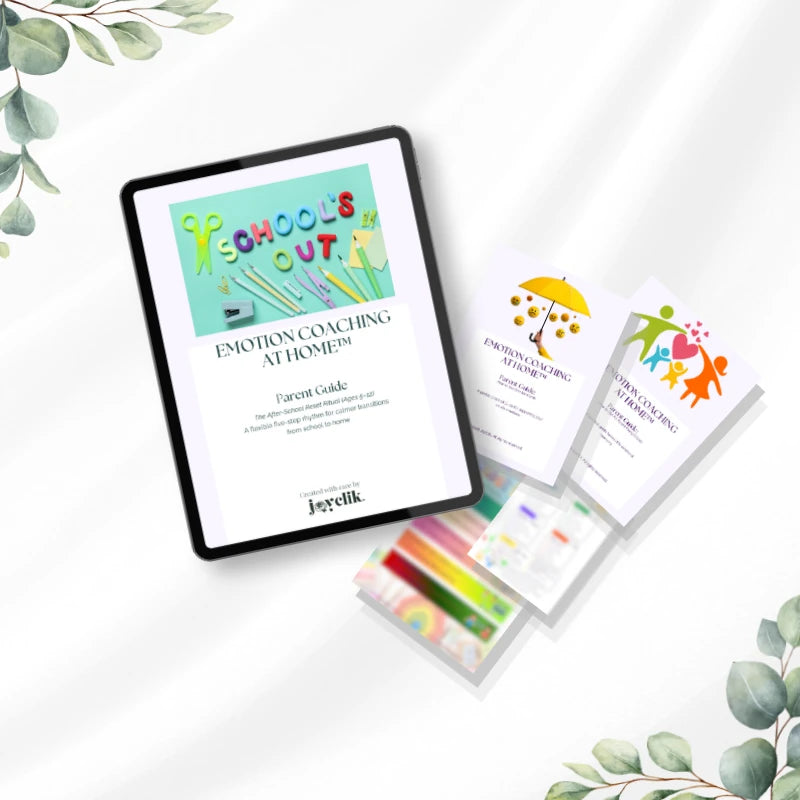 After-School Reset Ritual parent guide displayed on a tablet beside two companion guides and colourful reset resources.
