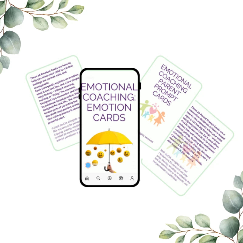 Emotion Coaching at Home™ emotion cards with smartphone displaying the front of an emotion card with printable back page next to it.