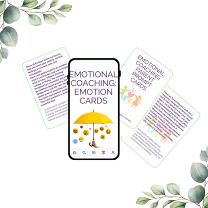 Emotion Coaching at Home™ emotion cards with smartphone displaying the front of an emotion card with printable back page next to it.