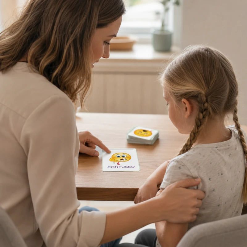 Parent and child exploring printed emotion cards together at a table.