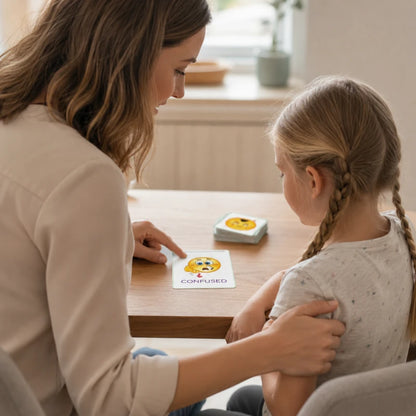 Parent and child exploring printed emotion cards together at a table.