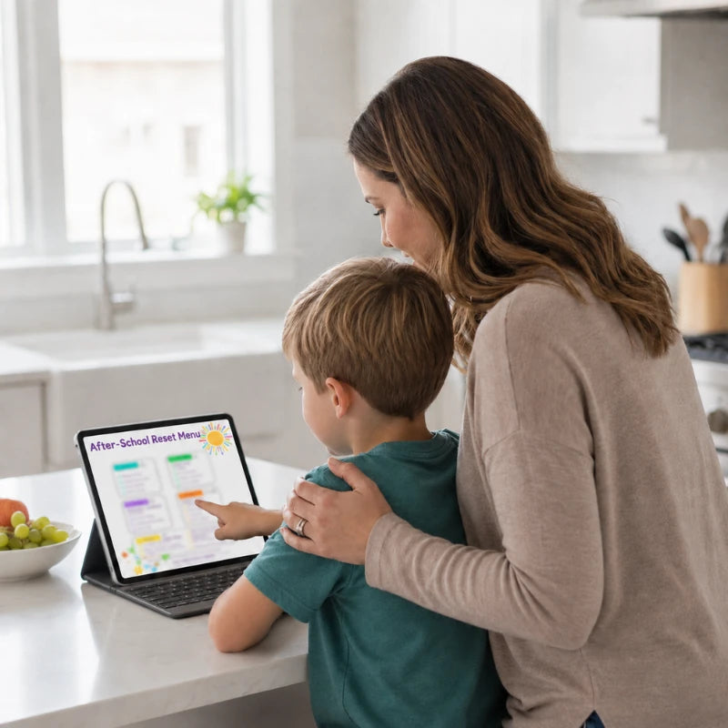 Parent and child looking at the After-School Reset Menu on a tablet at the kitchen counter.