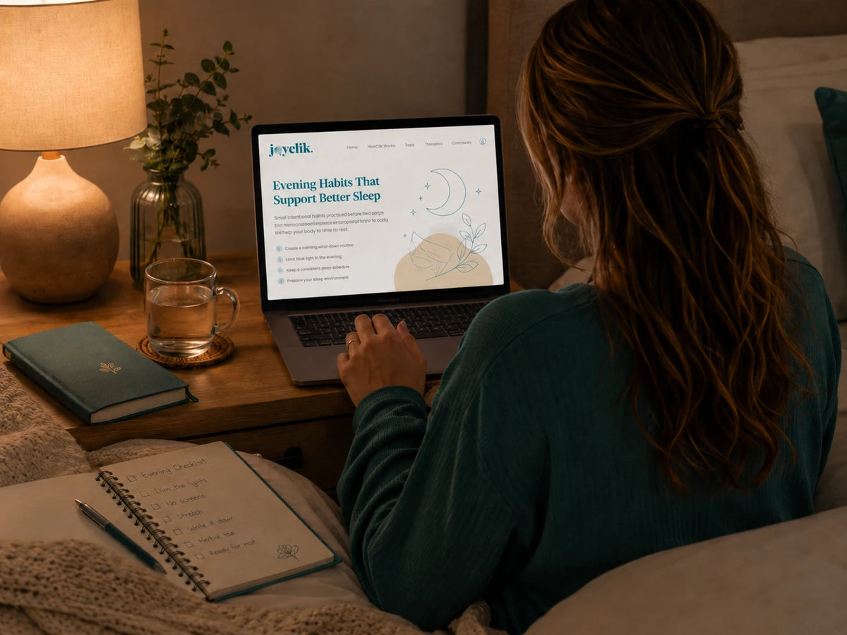Calm JoyClik sleep support workspace with journal, soft evening light, and restful wind-down atmosphere