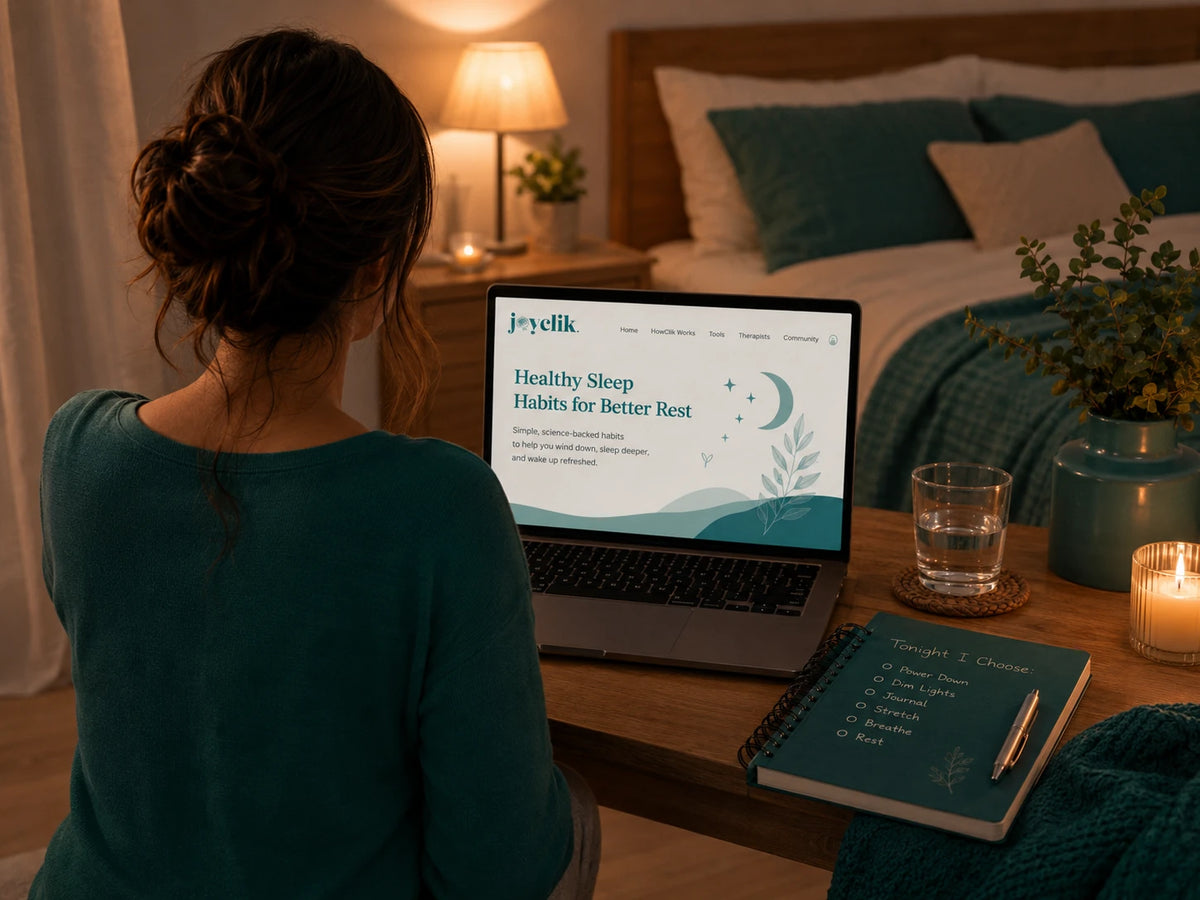 Calm JoyClik sleep habits workspace with journal, soft evening light, and restful bedside setting