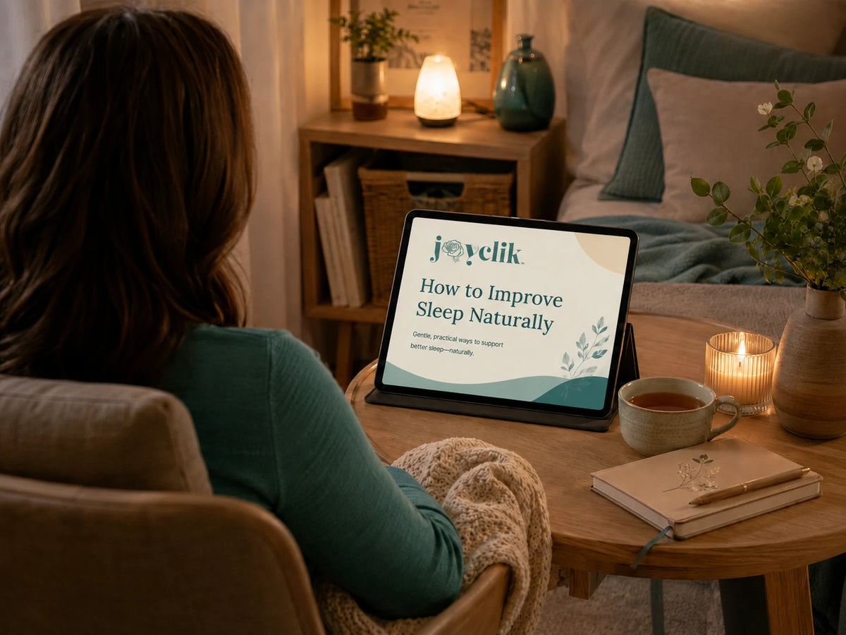 Calm JoyClik natural sleep support workspace with journal, soft evening light, and warm cup
