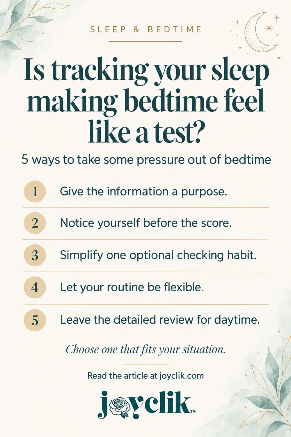 JoyClik pin with five ways to ease sleep-tracking pressure: give data a purpose, notice how you feel, simplify checking, keep routines flexible and review in daytime.