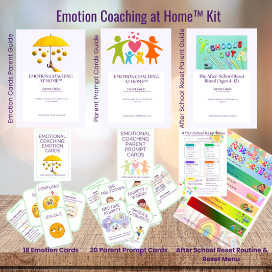 Emotion Coaching at Home Kit with cards and guides on a wooden surface