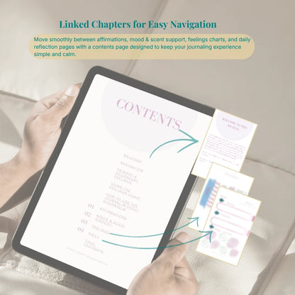 Mindful Living Journal contents page on a handheld tablet, with arrows showing links to chapters and reflection pages.