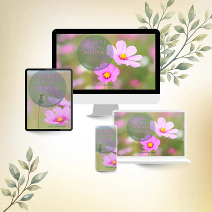 Mindful Living Journal cover displayed on a desktop computer, laptop, tablet and smartphone.