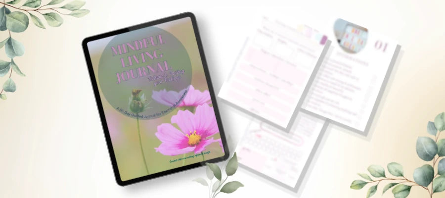 Mindful Living Journal on a tablet alongside previews of its daily reflection pages, framed by watercolour leaves.