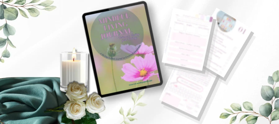 Mindful Living Journal cover on a tablet beside sample reflection pages, a candle, cream roses and teal fabric.