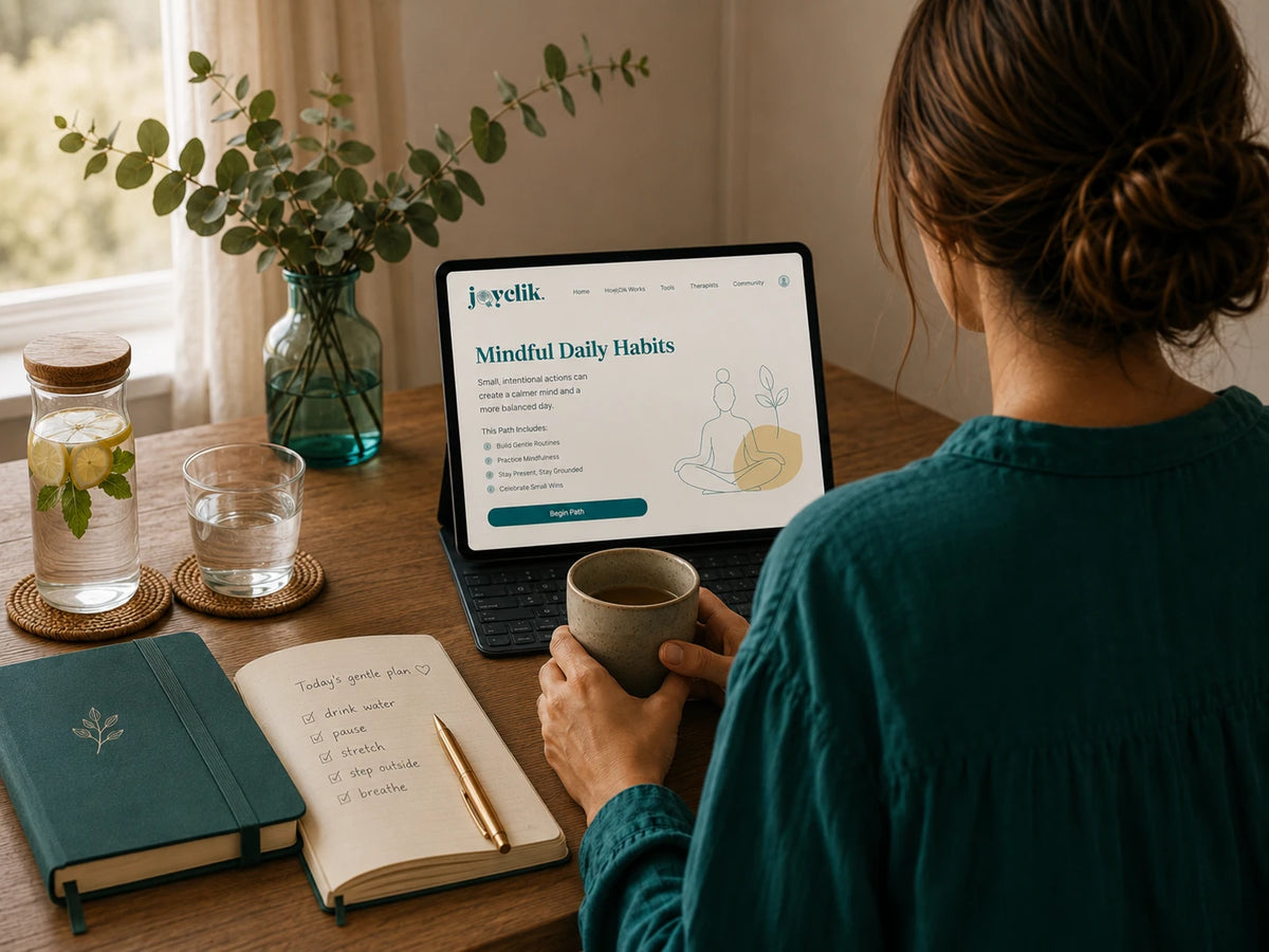Calm JoyClik™ mindful daily habits workspace with journal, planner, water and natural light