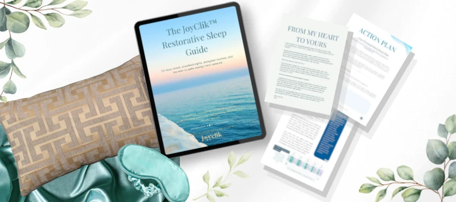 Restorative Sleep Guide on a tablet beside welcome and action-plan page previews, a teal sleep mask and cushion.