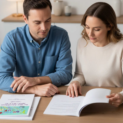 Man and woman looking at an open ebook guide together on a table.