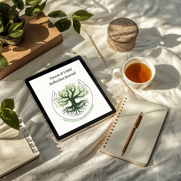 JoyClik™ Parent & Child Reflection Journal displayed on a tablet in warm natural light