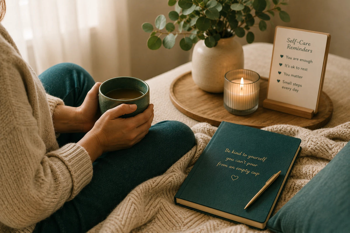 Calm JoyClik mindful parenting self-care workspace with journal and soft home light