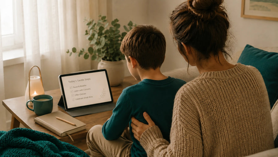 Calm JoyClik mindful parenting support workspace with warm family-home atmosphere