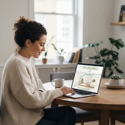Woman using The Path to Balance digital workbook on a laptop at home