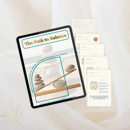 The Path to Balance workbook shown on a tablet with five guided process pages