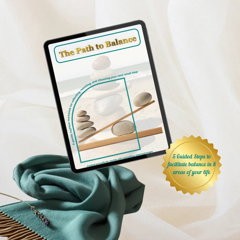 Tablet mockup of The Path to Balance workbook with 5 guided steps highlight