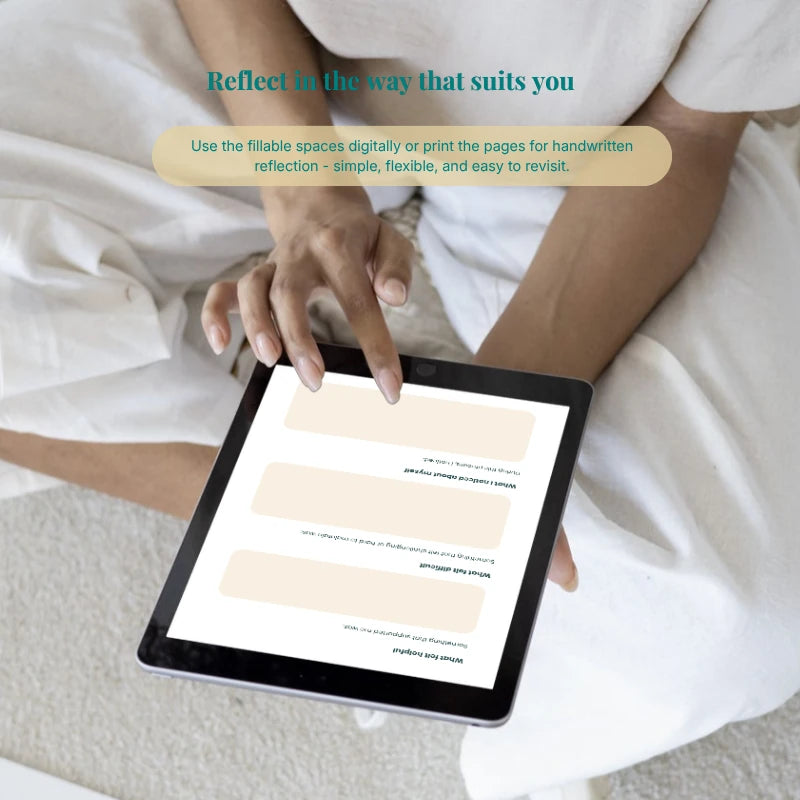 Fillable reflection page from The Path to Balance workbook shown on a tablet