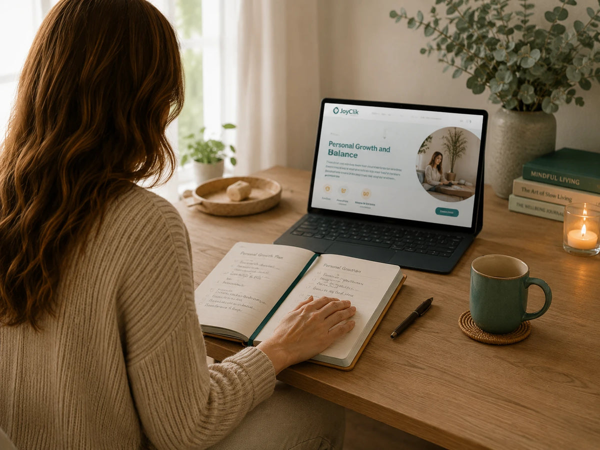 Calm JoyClik™ personal growth and balance workspace with a journal, planner and laptop