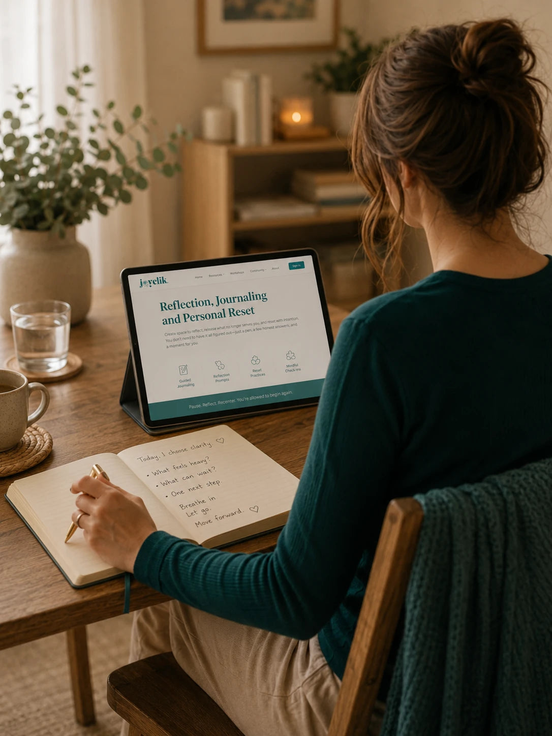 Calm JoyClik reflection and journaling workspace with open journal, soft light, and warm cup
