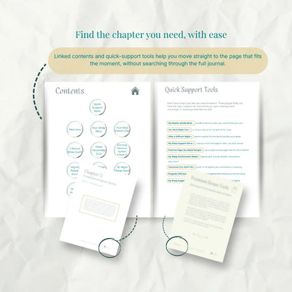 Sleep Reset Journal™ contents and Quick Support Tools pages, with arrows highlighting links between journal sections.