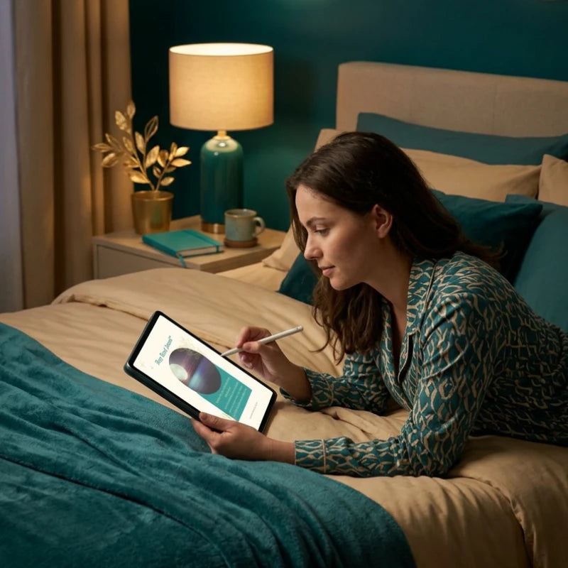 Woman lying on a bed with teal bedding, holding a tablet displaying the Sleep Reset Journal™ and a stylus.