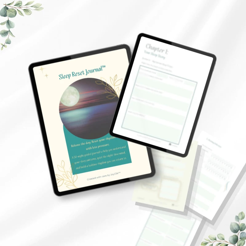 Sleep Reset Journal™ cover and Your Sleep Story reflection page displayed on two tablets beside sample journal pages.