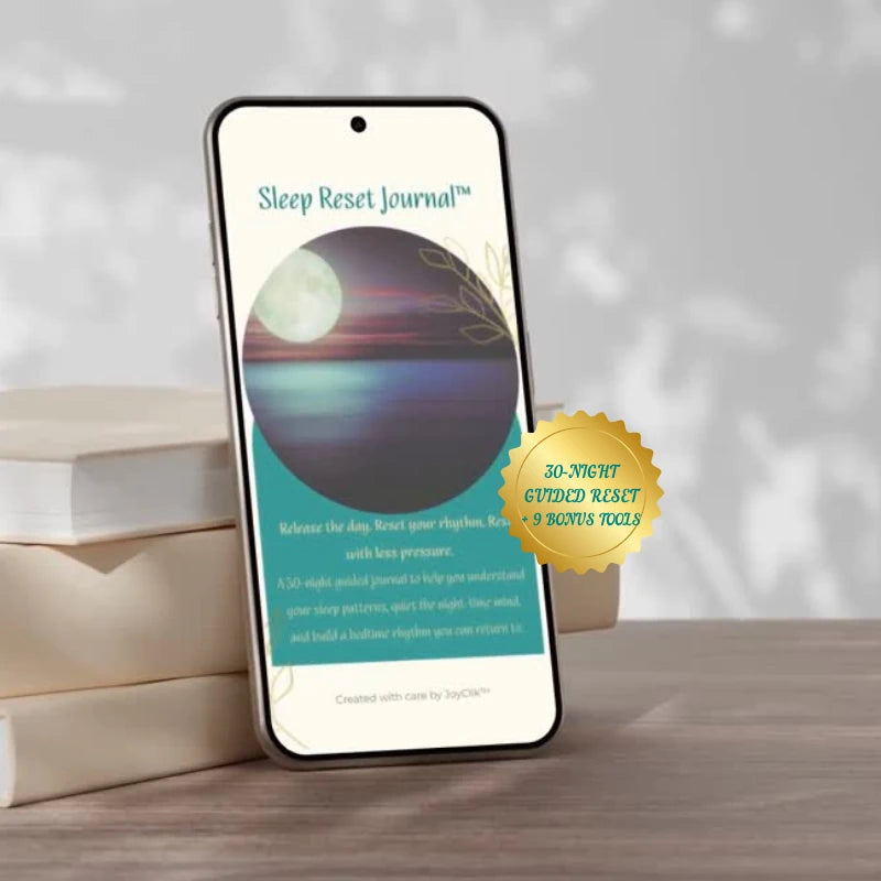 Sleep Reset Journal™ on a smartphone beside stacked books, with a badge highlighting 30 nights and nine bonus tools.