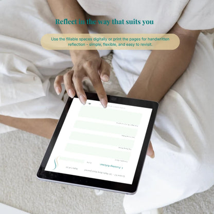 Person using a Sleep Reset Journal™ evening reflection page on a tablet, illustrating its selected fillable spaces.