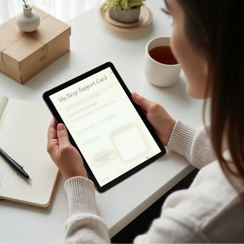 Woman viewing My Sleep Support Card from the Sleep Reset Journal™ on a tablet beside tea and an open notebook.